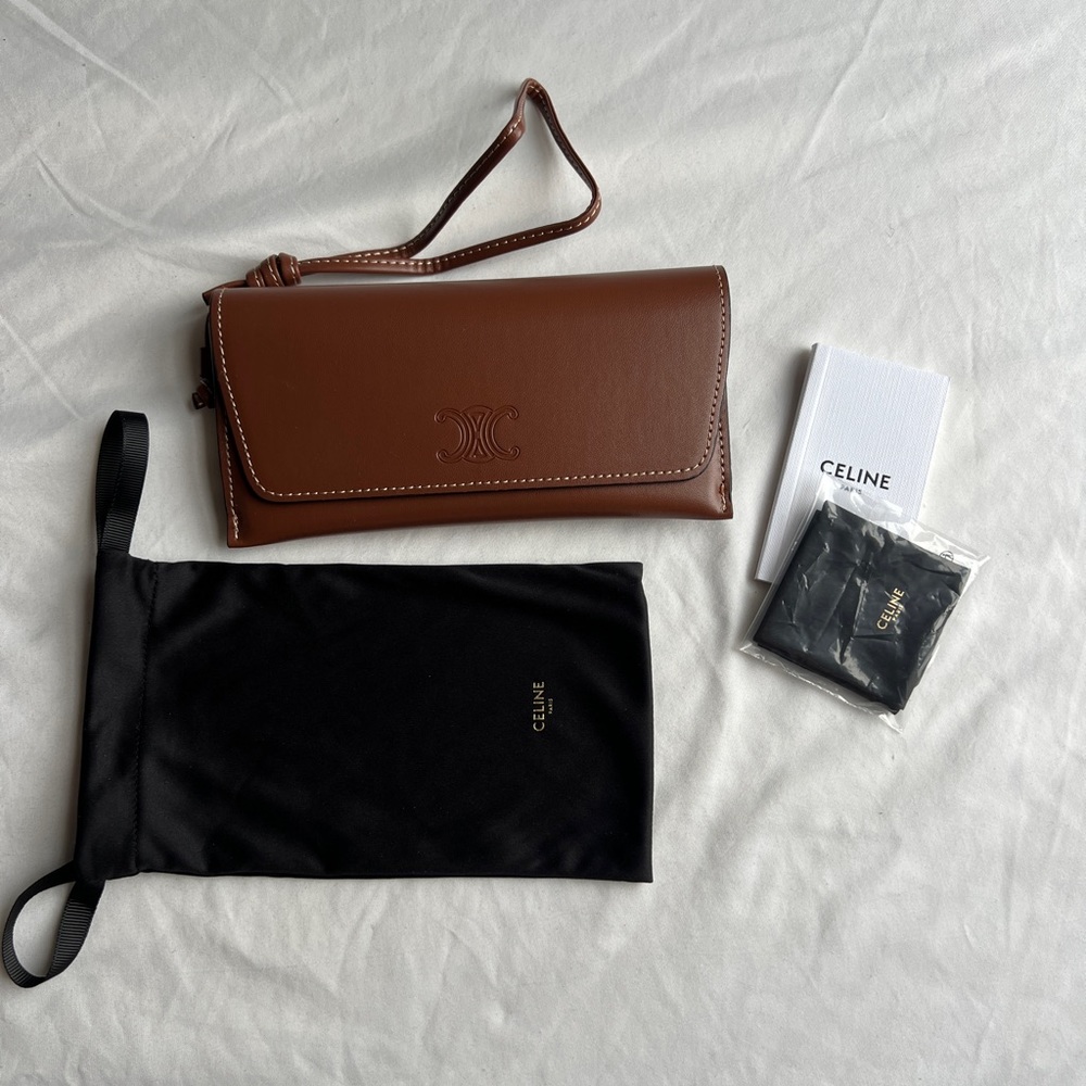 BRAND NEW AUTHENTIC Celine Sunglasses eyeglass Case Wristlet Brown Leather - Picture 5 of 9